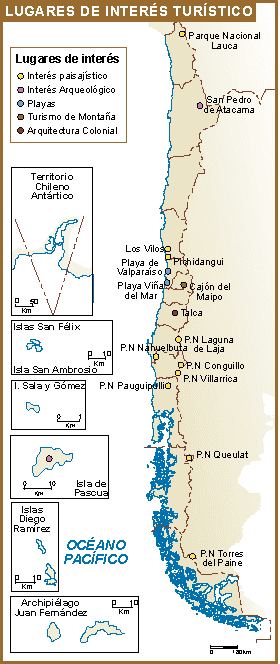 Mapa de Chile con sus principales picos turísticos