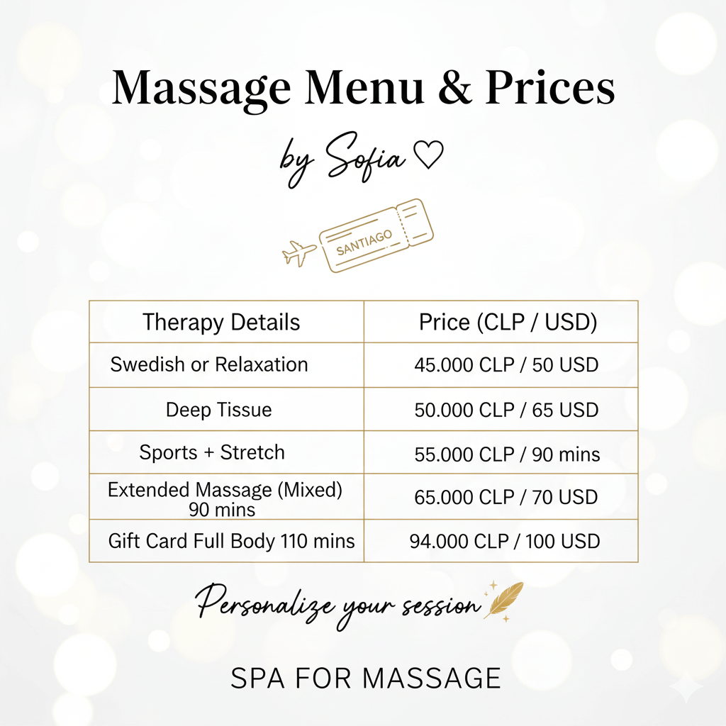  Schedule Massage rates tailored for your well-being in Santiago.
Check List Price Massage By Sofia

