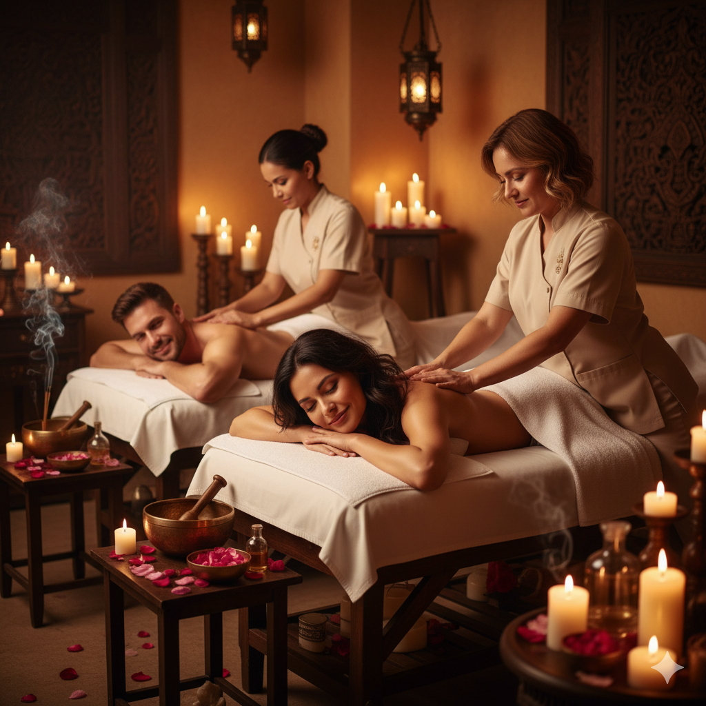 Therapists hands applying massage oil simultaneously to a couple.